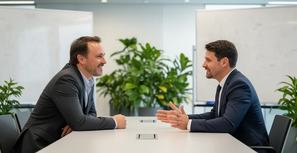 Small group of professionals in discussion around standing meeting table