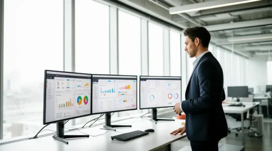Marketing professional reviewing performance dashboards on multiple monitors in open-plan office