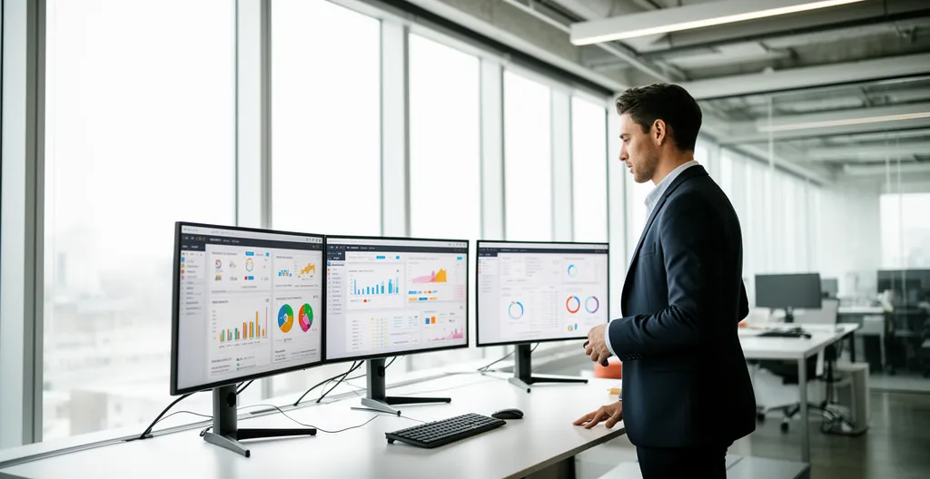 Marketing professional reviewing performance dashboards on multiple monitors in open-plan office