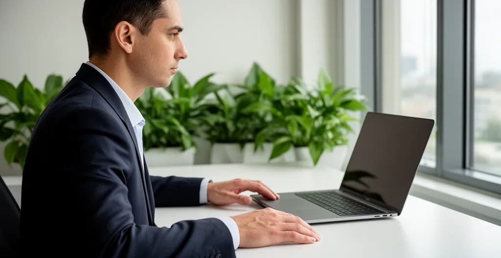 Operations professional seated at desk looking pensively toward window