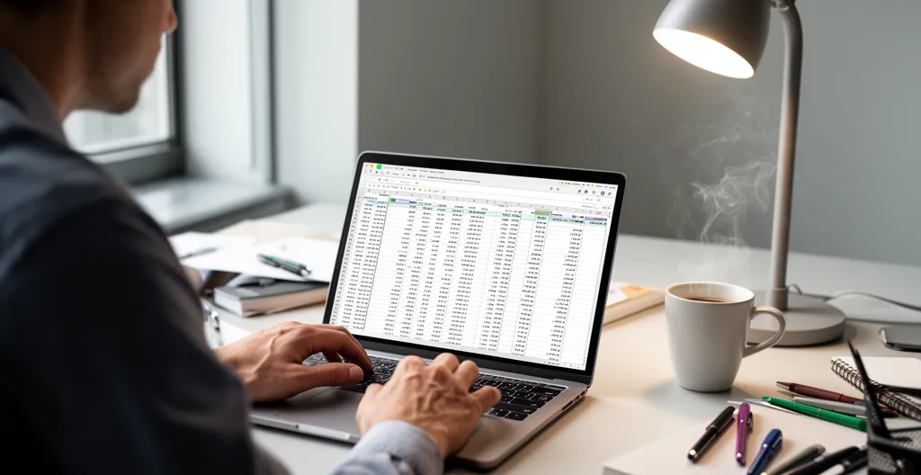 Person working at desk with laptop showing spreadsheet, slight tension visible in posture