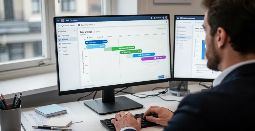 Professional reviewing CRM sales pipeline dashboard showing deal stages and revenue data