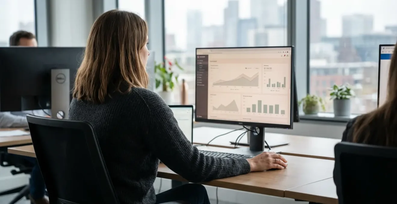 Marketing professional studying SEO revenue attribution dashboard in modern office