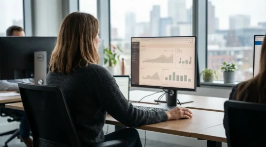 Marketing professional studying SEO revenue attribution dashboard in modern office