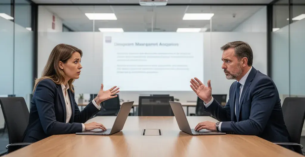 B2B marketing professional presenting SEO results to sceptical executive in conference room