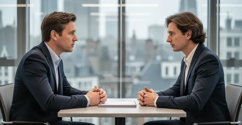 Sales coaching one-on-one meeting between manager and rep in modern office