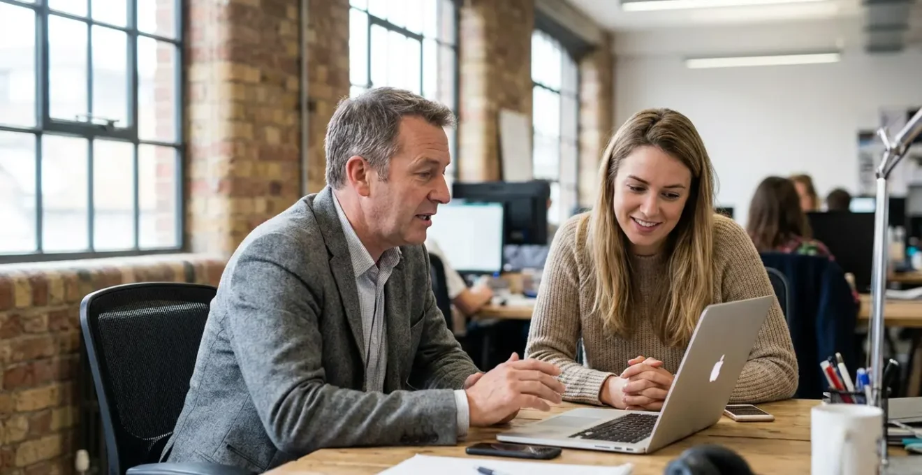 Sales manager coaching conversation with commission data review in modern office