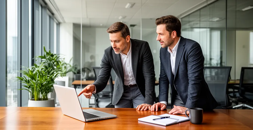 Two colleagues planning commission software integration strategy in British office setting