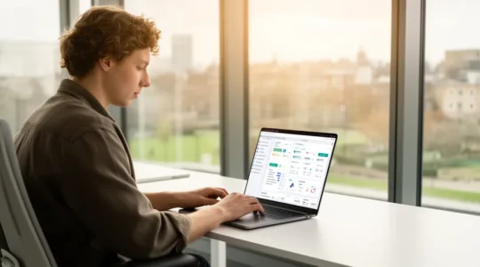 RevOps manager analysing commission software integration dashboard in modern British office