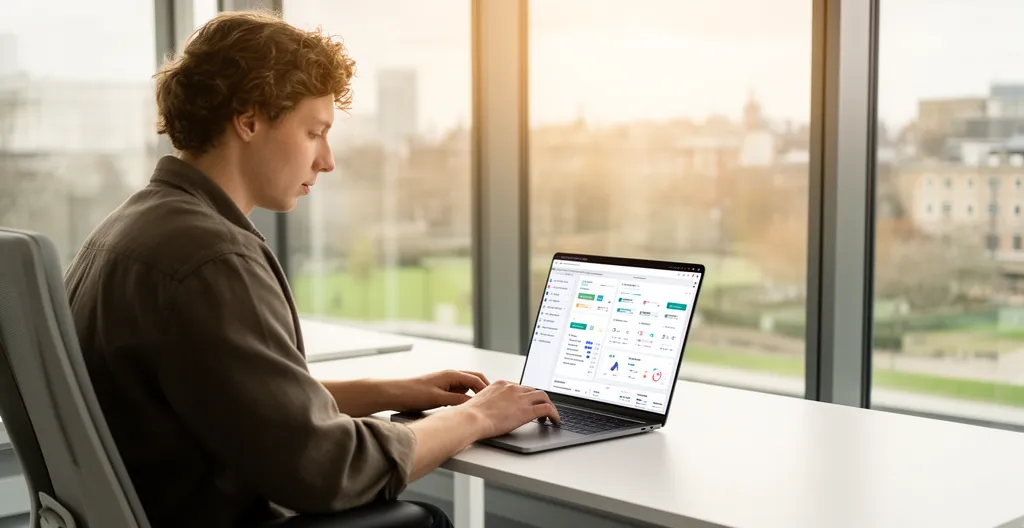 RevOps manager analysing commission software integration dashboard in modern British office