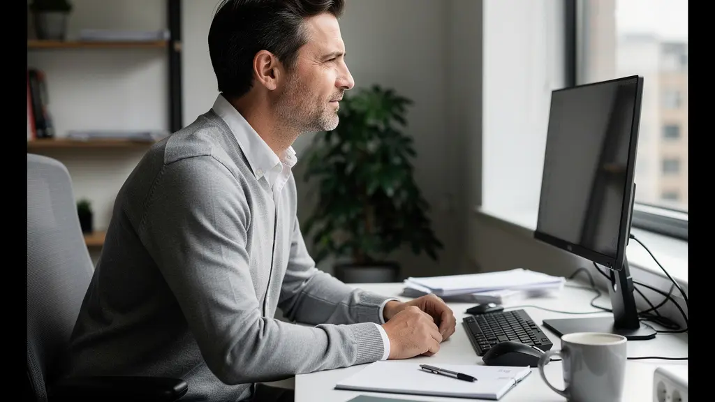 Individual sales professional in thoughtful moment at desk with realistic workspace clutter
