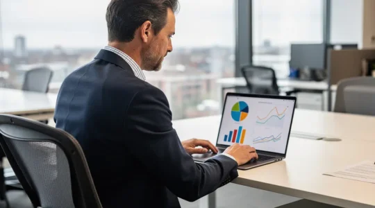 Sales professional reviewing transparent commission dashboard in modern UK office