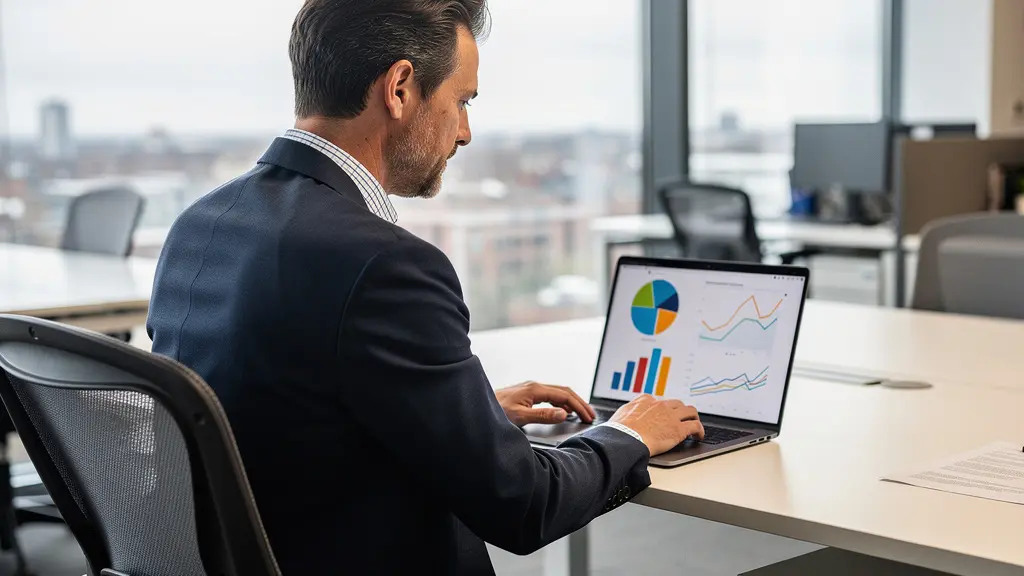 Sales professional reviewing transparent commission dashboard in modern UK office