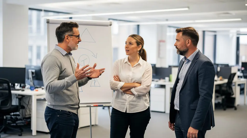 Small UK sales team in natural discussion near whiteboard with abstract indicators