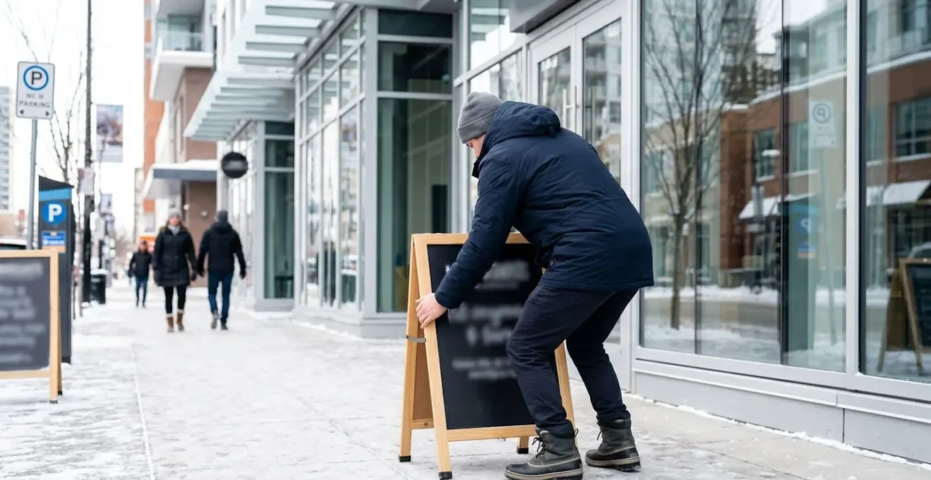 Side profile view of a person in winter coat positioning a portable A-frame business sign on a commercial property entrance, seen from behind against a clean Calgary storefront background