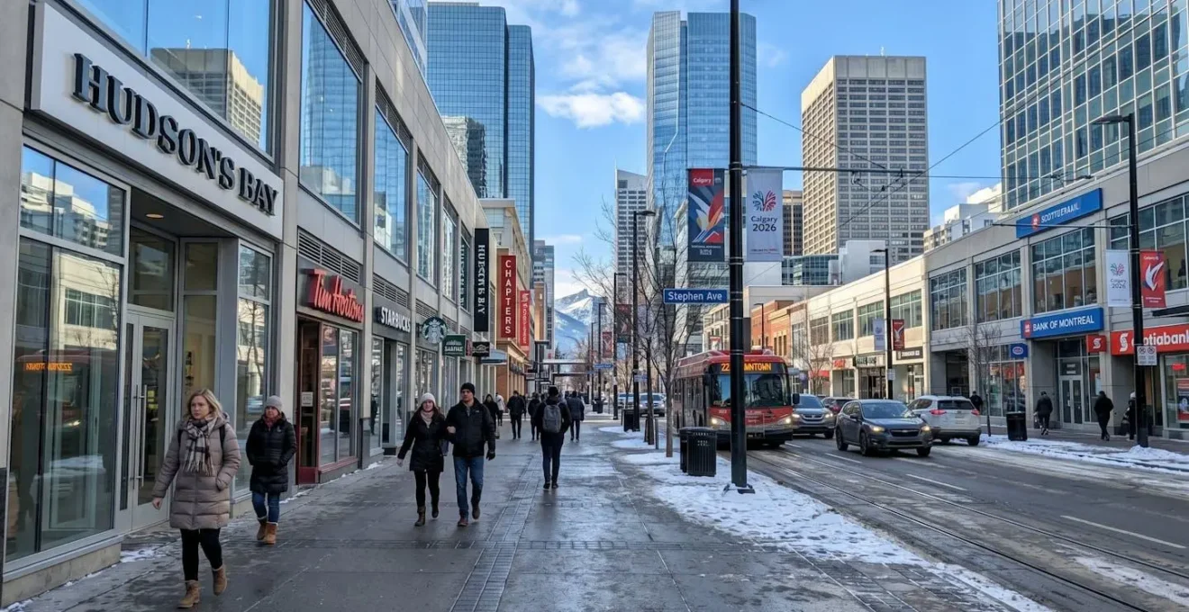 Wide view of a Calgary downtown street in winter with clean sidewalks, modern storefronts, and pedestrians walking past commercial buildings under bright natural sunlight