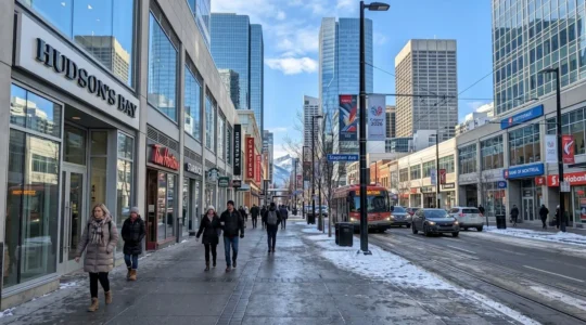 Wide view of a Calgary downtown street in winter with clean sidewalks, modern storefronts, and pedestrians walking past commercial buildings under bright natural sunlight
